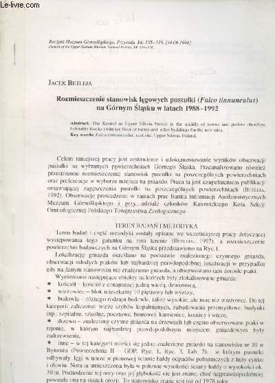 Tir  part : Rocznik Muzeum Gornoslaskiego, Pryzroda n14 : Rozmieszczenie stanowisk legowych pustulki (Falco tinnunculus) na Gornym Slasku w latatch 1988-1992.