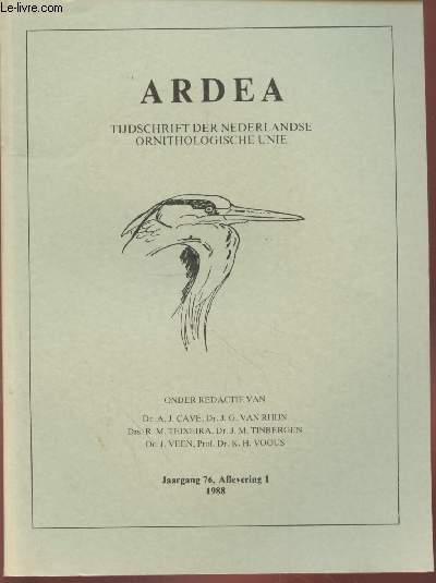 ARDEA Jaargang 76 Aflevering 1 (1988). Sommaire : The taxonomy of Redpolls by A.G. Knox - Numbers and distribution of coastal waders in Guinea-Bissau by L.Zwarts - Bresat muscle atrophy and constraints on foraging during the flightless period etc.