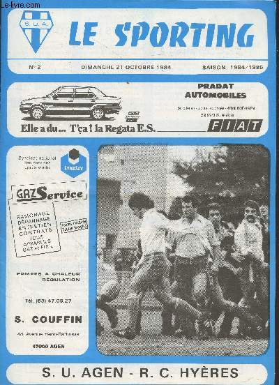 Le Sporting n2 Dimanche 21 octobre 1984. Sommaire : Week-end du 29-30 septembre - Le R.C. Hyres : Un adversaire ambitieux - etc