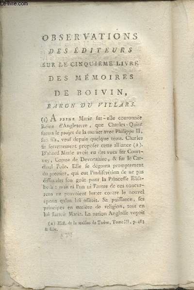 Mmoires du Sieur Franois de Boyvin, Chevalier-Baron du Villars suivi des Observations des diteurs sur le cinquime livre des Mmoires de Boivin, Baron de Villars Tome 34 (INCOMPLET)