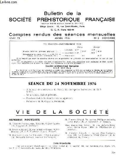 BULLETIN DE LA SOCIETE PREHISTORIQUE FRANCAISE - COMPTES RENDUS DES SEANCES MENSUELLES - ANNEE 1976 - TOME 73 - N8