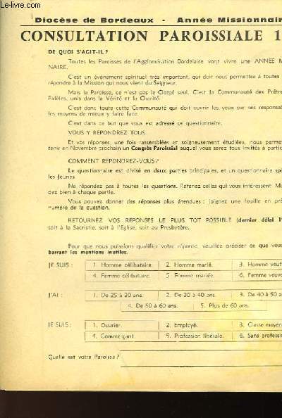 DIOCESE DE BORDEAUX - CONSULTATION PAROISSIALES 1961