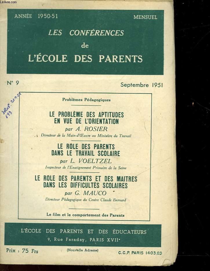 LES CONFERENCES DE L'ECOLE DES PARENTS - MENSUEL N9