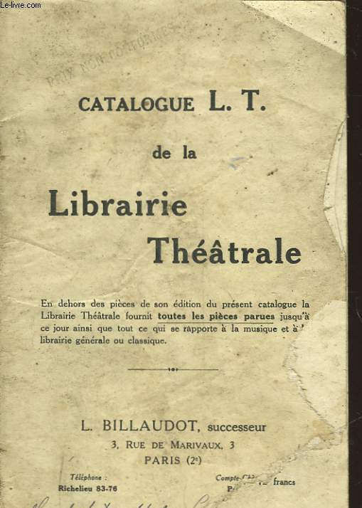 CATALOGUE L. T. DE LA LIBRAIRIE THEATRALE