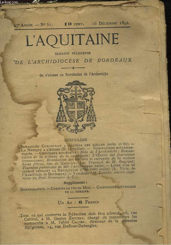 L'AQUITAINE SEMAINE RELIGIEUSE DE L'ARCHIDIOCESE DE BORDEAUX - 27 ANNEE - N51