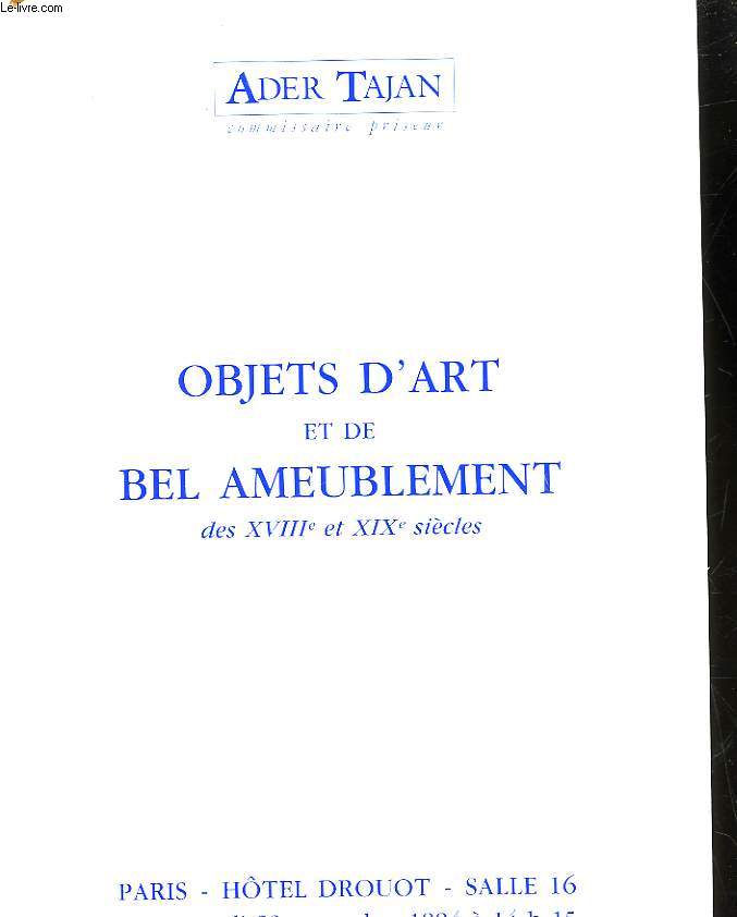 CATALOGUE- ADER TAJAN - OBJETS D'ART ET DE BEL AMEUBLEMENT DES 18 ET 19 SIECLE