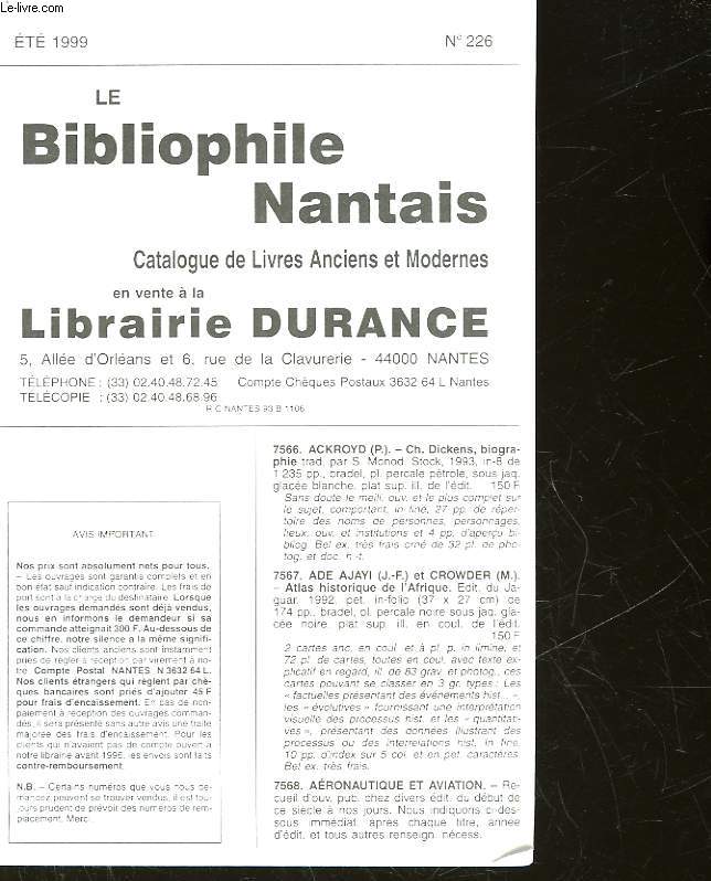 CATALOGUE - LE BIBLIOPHILE NANTAIS -LOT DE 3 - N226 -N225 - N227 - LIBRAIRIE DURANCE