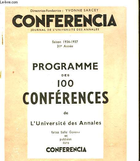 PROGRAMME DES 100 CONFERENCES DE L'UNIVERSITE DES ANNALES