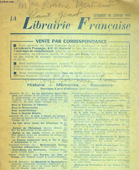 CATALOGUE DE JANVIER 1955 - LA LIBRAIRIE FRANCAISE