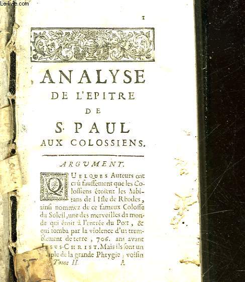 ANALYSE DE L'EPITRE DE S. PAUL AUX COLOSSIENS - TOME 2