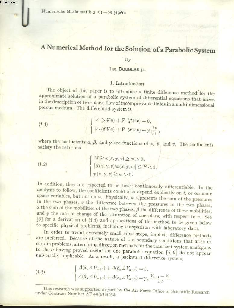 A NUMERICAL METHOD FOR THE SOLUTION OF A PARABOLIC SYSTEM