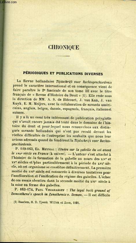 CHRONIQUE - PERIODIQUES ET PUBLICATIONS DIVERSES - SOCIETE D'HISTOIRE DU DROIT