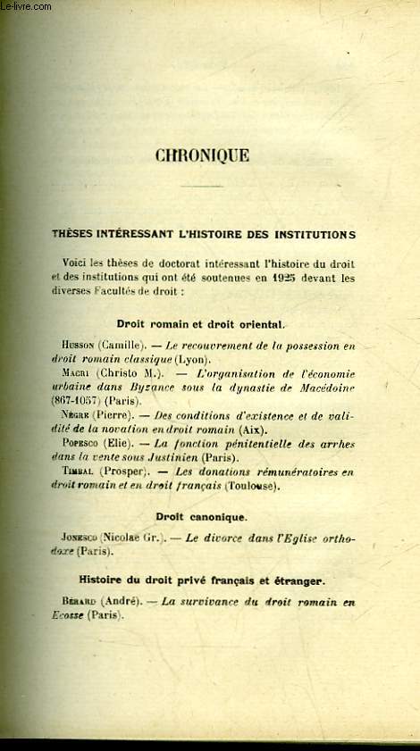 CHRONIQUE - THESES INTERESSANT L'HISTOIRE DES INSTITUTIONS