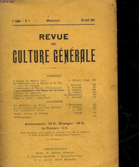 REVUE DE CULTURE GENERALE - 3 ANNEE - N 7