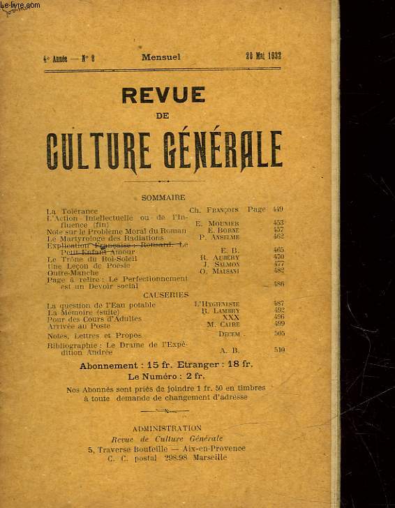 REVUE DE CULTURE GENERALE - 4 ANNEE - N 8