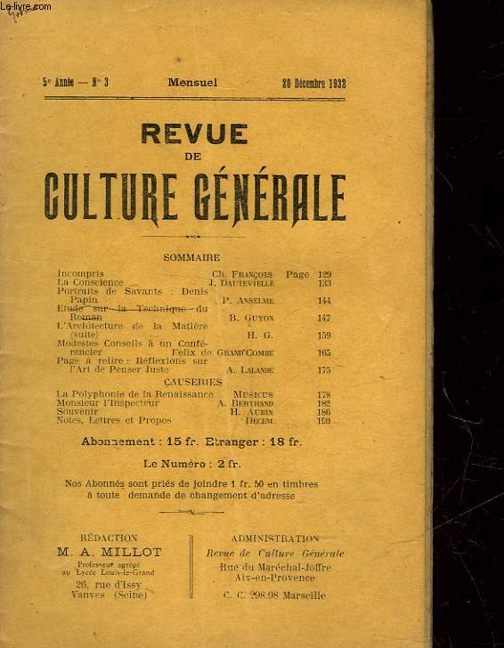 REVUE DE CULTURE GENERALE - 5 ANNEE - N 3