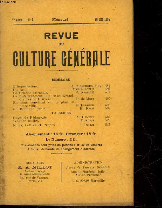 REVUE DE CULTURE GENERALE - 7 ANNEE - N 9