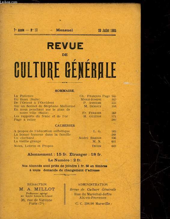 REVUE DE CULTURE GENERALE - 7 ANNEE - N 10