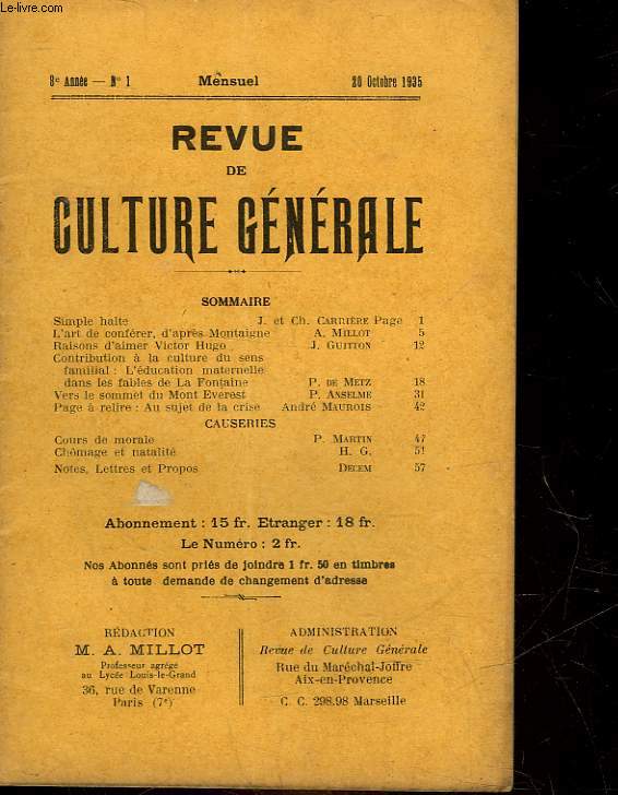 REVUE DE CULTURE GENERALE - 8 ANNEE - N1