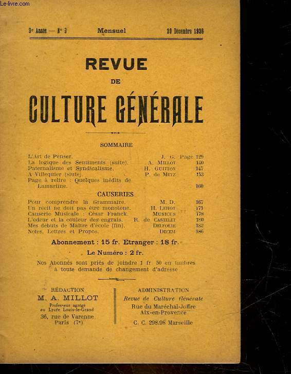 REVUE DE CULTURE GENERALE - 9 ANNEE - N 3