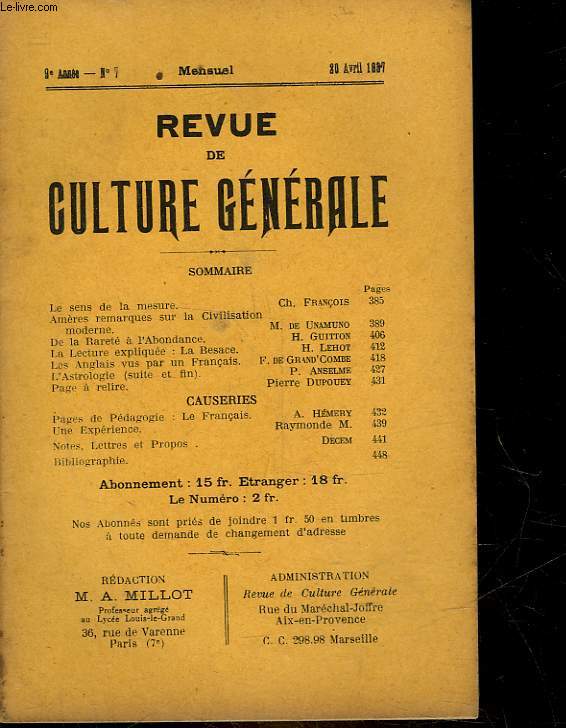 REVUE DE CULTURE GENERALE - 9 ANNEE - N 7