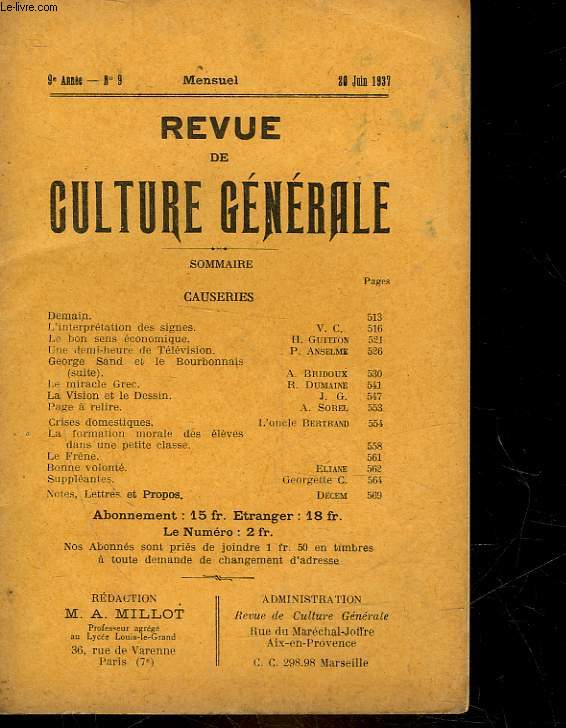 REVUE DE CULTURE GENERALE - 9 ANNEE - N 9