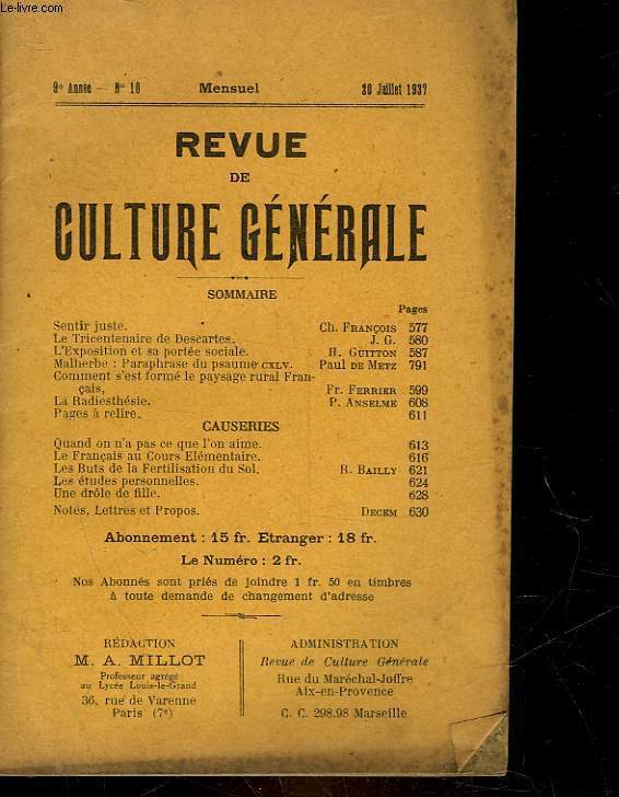 REVUE DE CULTURE GENERALE - 9 ANNEE - N 10