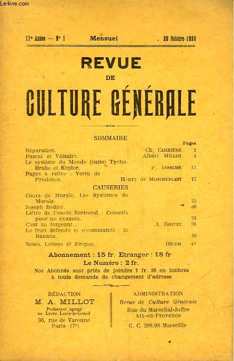 REVUE DE CULTURE GENERALE - 11 ANNEE - N 1