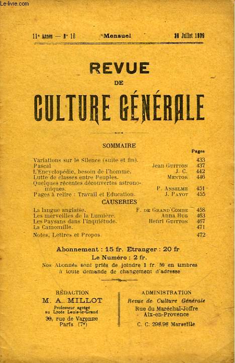 REVUE DE CULTURE GENERALE - 11 ANNEE - N 10