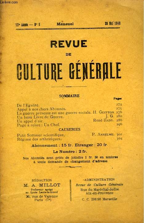 REVUE DE CULTURE GENERALE - 12 ANNEE - N 8