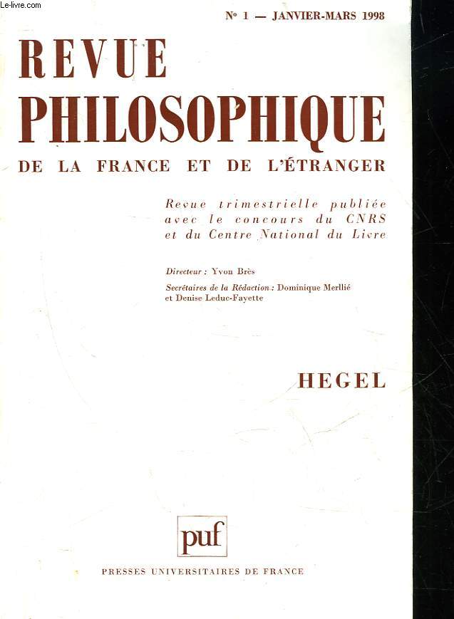 REVUE PHILOSOPHIQUE DE LA FRANCE ET DE L'ETRANGER - 123 ANNEE - TOME 188 - N1