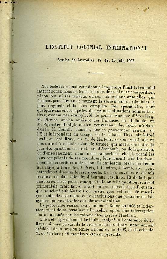 EXTRAIT DE QUESTIONS DIPLOMATIQUES ET COLONIALES - TOME 24 - N249 - L'INSTITUT COLONIAL INTERNATIONAL - SESSIN DE BRUXELLES 17, 18, 19 JUIN 1907