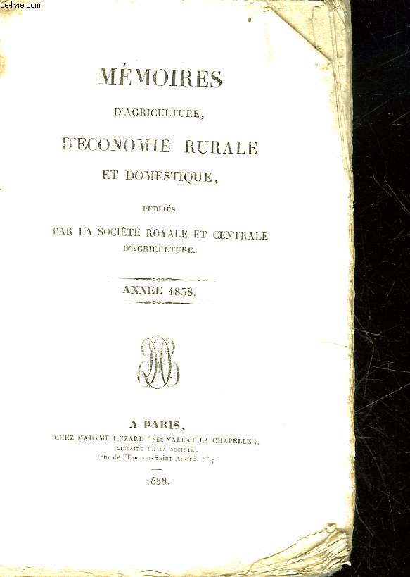MEMOIRES D'AGRICULTURE, D'ECONOMIE RURALE ET DOMESTIQUES - ANNEE 1838