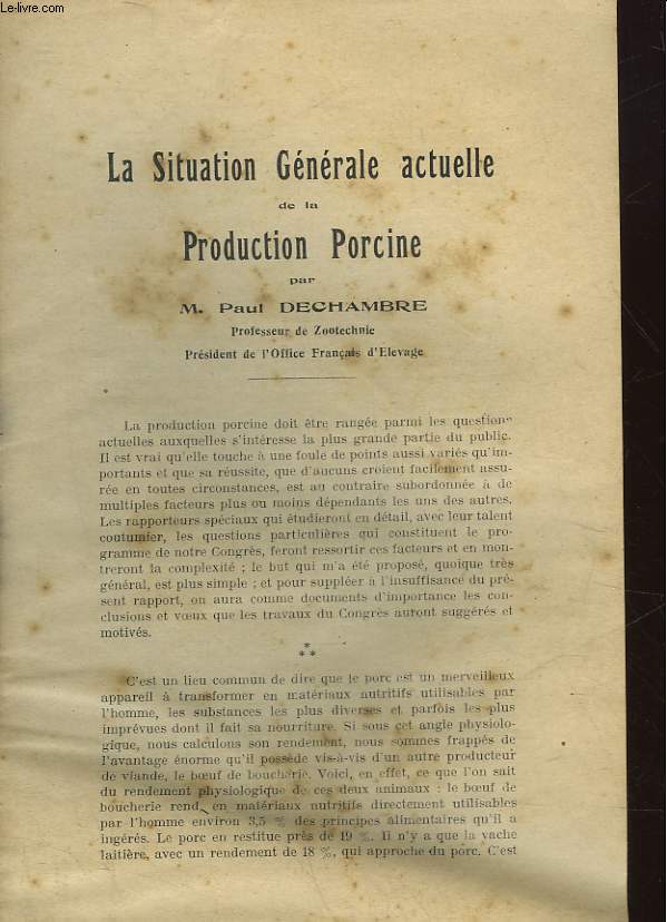 LA SITUATION GENERALE ACTUELLE DE LA PRODUCTION PORCINE