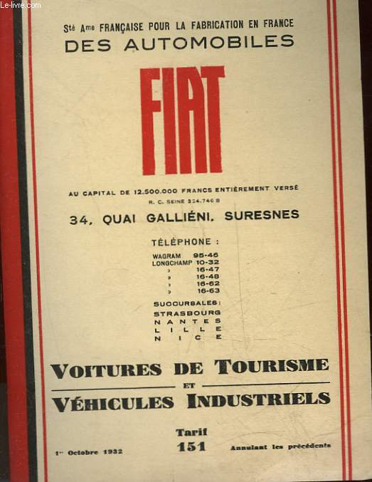 FIAT - VOITURE DE TOURISME ET VEHICULES INDUSTRIELS - TARIF 151
