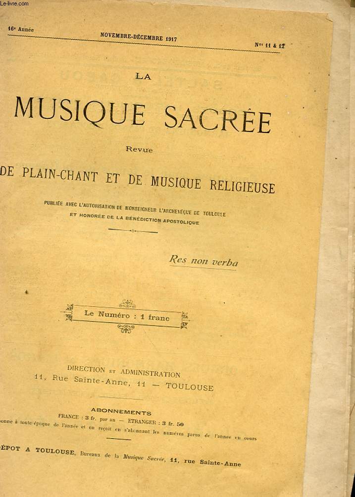 LA MUSIQUE SACREE REVUE DE PLAIN-CHANT ET DE MUSIQUE RELIGIEUSE - 16 ANNEE - N11 & 12