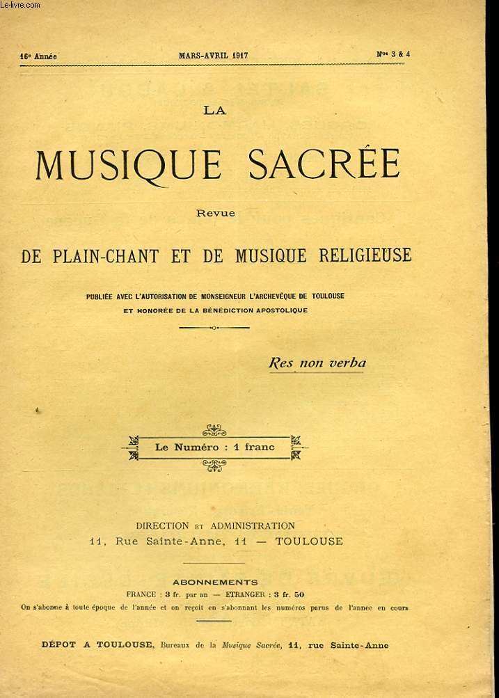 LA MUSIQUE SACREE REVUE DE PLAIN-CHANT ET DE MUSIQUE RELIGIEUSE - 16 ANNEE - N3 & 4