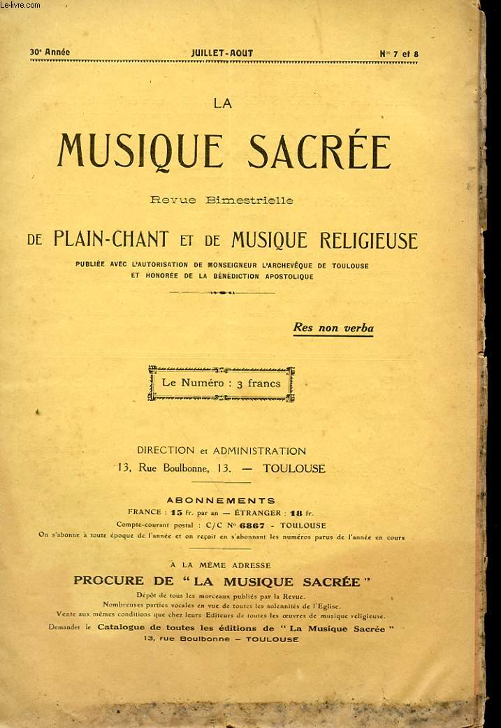 LA MUSIQUE SACREE REVUE DE PLAIN-CHANT ET DE MUSIQUE RELIGIEUSE - 30 ANNEE - N7 et 8