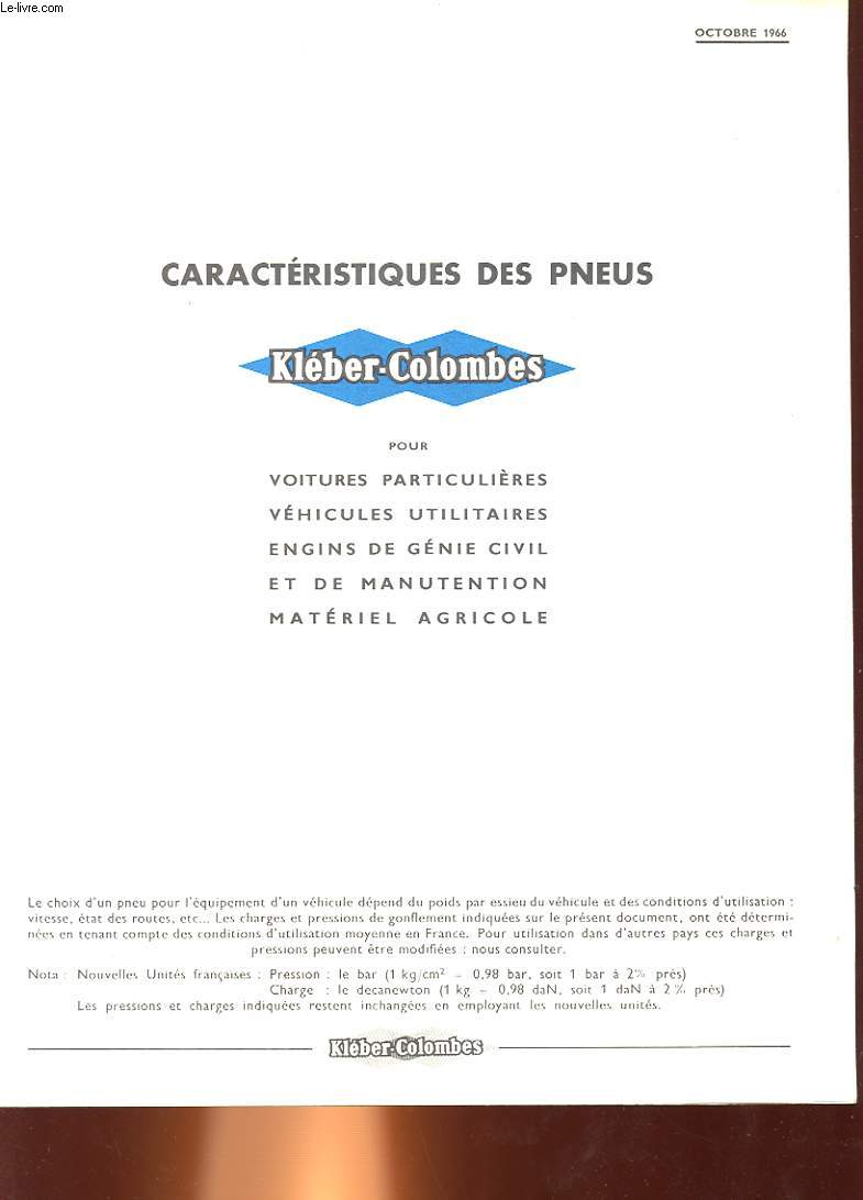KLEBER-COLOMBES - CARACTERISTIQUES DES PNEUS