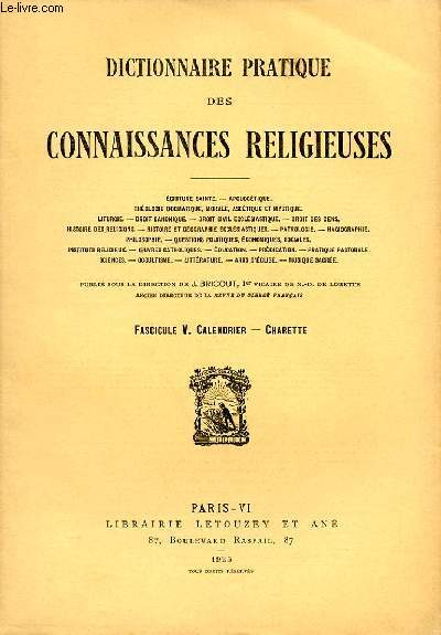 DICTIONNAIRE PRATIQUE DES CONNAISANCES RELIGIEUSES FASCICULE V - CALENDRIER - CHARETTE