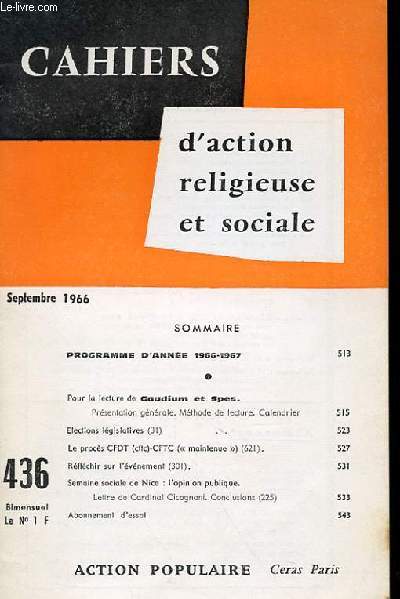 CAHIERS D'ACTION RELIGIEUSE ET SOCIALE N 436 - PROGRAMME D'ANNEE 1966-1967