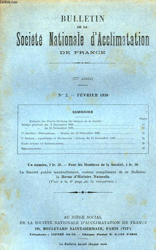 BULLETIN DE LA SOCIETE NATIONALE D'ACCLIMATION DE FRANCE 77 ANNEE - N 2