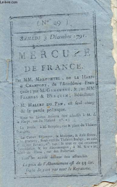 MERCURE DE FRANCE, DEDIE AU ROI - SAMEDI 3 DECEMBRE 1791 - N 49