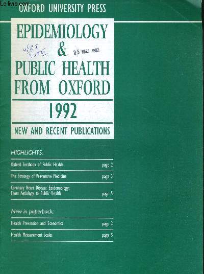 EPIDEMIOLOGY & PUBLIC HEALTH FROM OXFORD - 1992 - NEW AND RECENT PUBLICATIONS