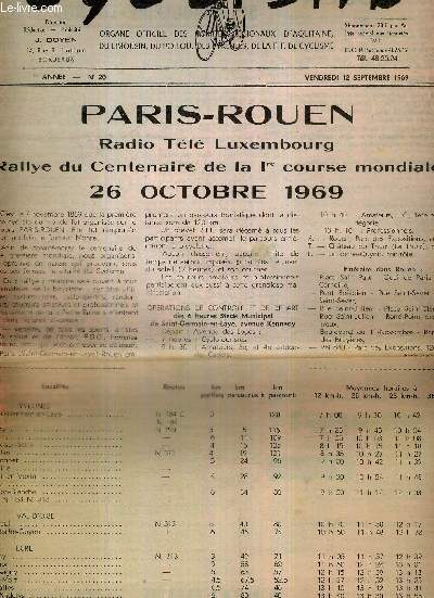 CYCLISME - N20 - 12 septembre 69 / Paris-Rouen, radio tl Luxembourg rallye du centenaire de la 1re course mondiale / 5e Angouleme-la Rochelle / la vie de nos comits...