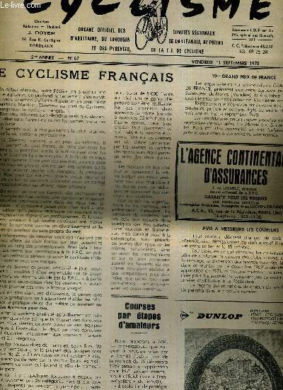 CYCLISME - N67 - 11 septembre 1970 / le cyclisme franais / courses par tapes d'amateurs / 19e grand prix de France / la vie de nos comits...