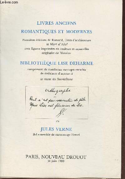 Catalogue de vente aux enchres/30 Juin 1980- Nouveau Drouot, salle 6- Livres anciens, romantiques et modernes, Bibliothque Lise Deharme, Jules Verne