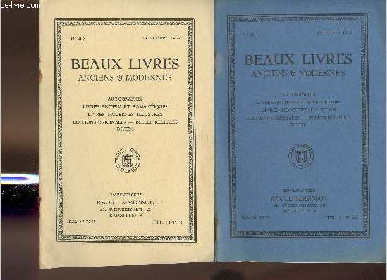 2 Catalogues de Beaux livres anciens et modernes, autographes, etc- Librairie Raoul Simonson- n294-295 (2 volumes)