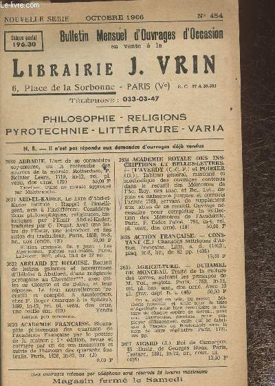 Lot de Bulletins de la librairie J. Vrin- n454 - Octobre 1966