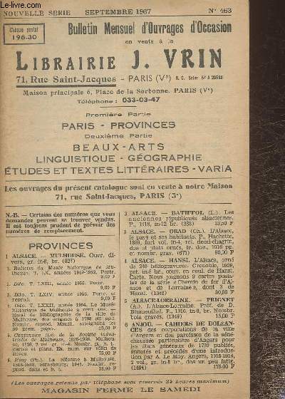 Lot de Bulletins de la librairie J. Vrin- n463- Septembre 1967